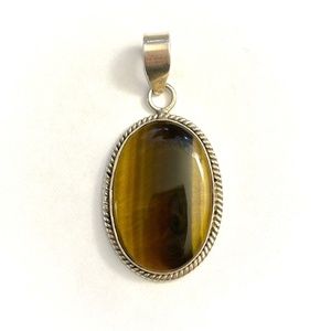 VTG Sterling Silver Oval Brown Tan Tiger’s Eye Stone Pendant
